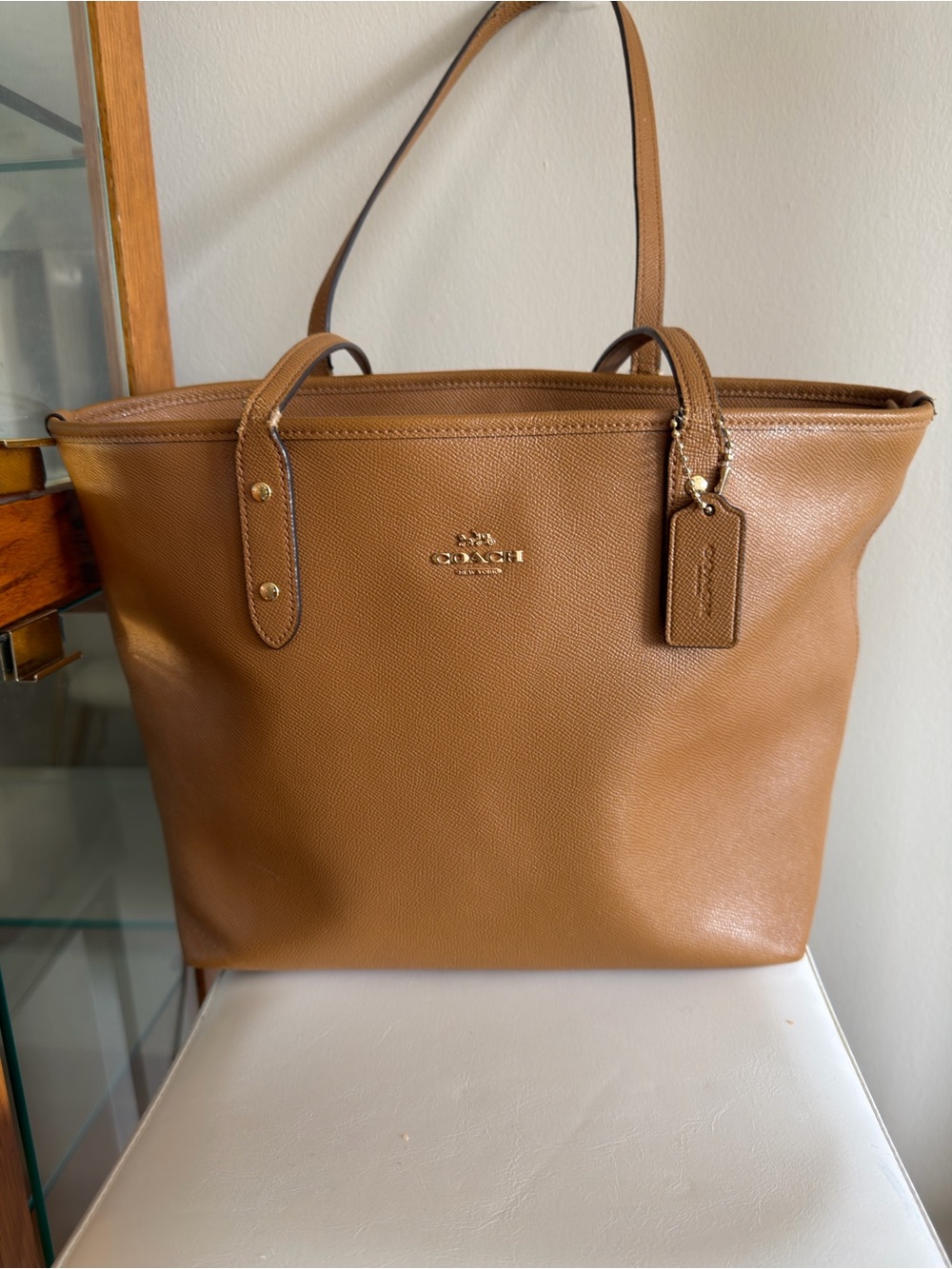 Coach Cognac Brown Leather Tote with Gold Hardware